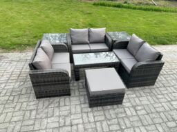 Fimous 7 Seater Rattan Garden Furniture Set Indoor Outdoor Patio Sofa Set with Coffee Table Love seat Sofa 2 Side Tables Big Footstool Dark Grey Mixed - thumbnail 2