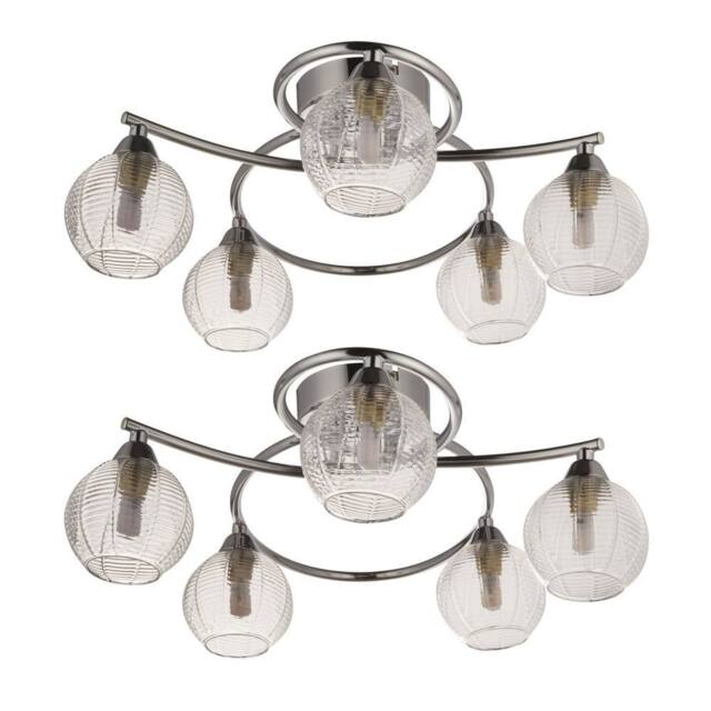 First Choice Lighting Set of 2 Tatton - Chrome with Ribbed Glass 5 Light Flush Ceiling Light in Silver - image 1