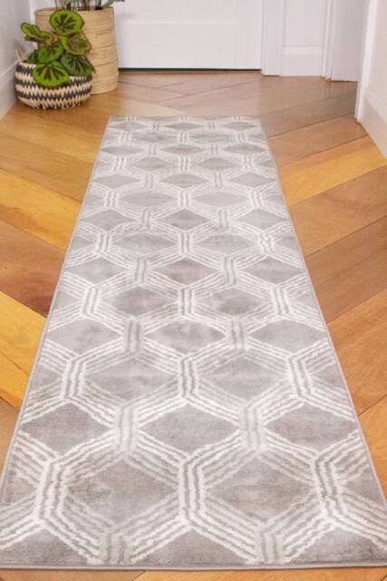 Kukoon Runner Rug Silver Grey Modern Geometric Long Hallway Rugs - Size: 60 cm x 240 cm