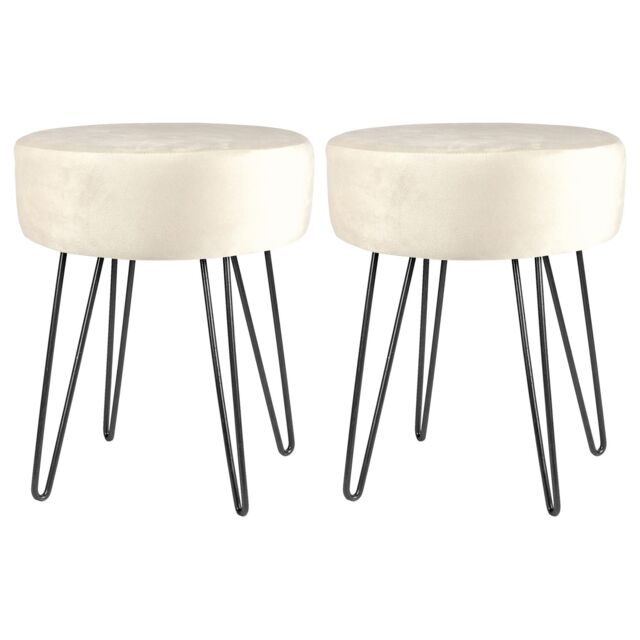 Harbour Housewares Round Velvet Footstools - H40 x D35cm - Black Hairpin Legs - Pack of 2 in Cream - image 1