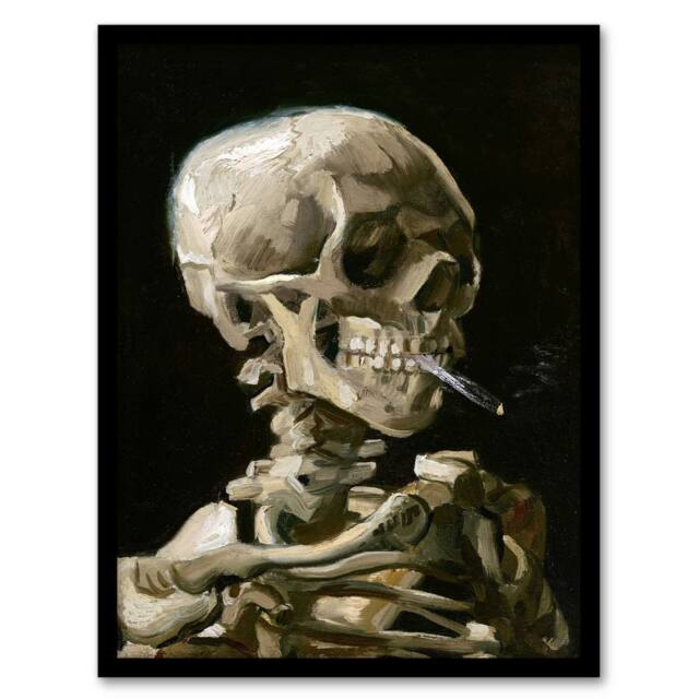 Artery8 Skeleton with Burning Cigarette Van Gogh Vintage Framed Wall Art Print in Black - Size: A4 - image 1