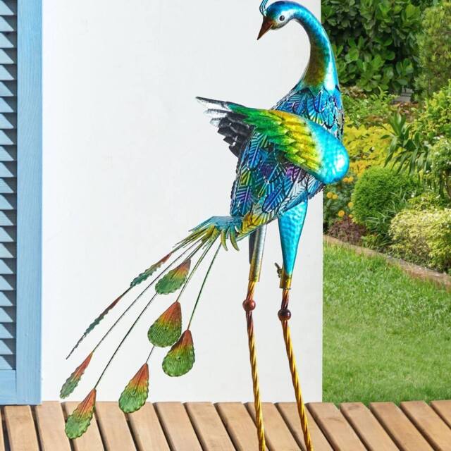 Wyld and Coco 75cm Hand-Painted Metal Peacock Figurine Blue - Indoor Outdoor Decor - image 1