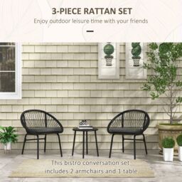 OUTSUNNY 3 Piece Garden Furniture Set with 2 Armchairs & 1 Coffee Table for Garden, Black - thumbnail 4