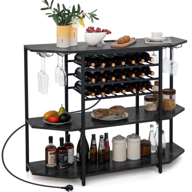 Costway Wine Bar Cabinet 3 Tier Industrial Wine Rack with Glass Holder in Grey - image 1