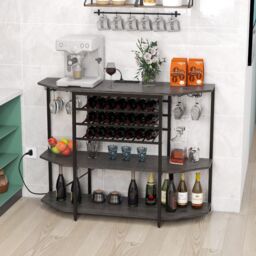 Costway Wine Bar Cabinet 3 Tier Industrial Wine Rack with Glass Holder in Grey - thumbnail 4
