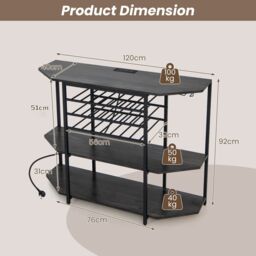 Costway Wine Bar Cabinet 3 Tier Industrial Wine Rack with Glass Holder in Grey - thumbnail 2
