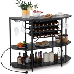Costway Wine Bar Cabinet 3 Tier Industrial Wine Rack with Glass Holder in Grey