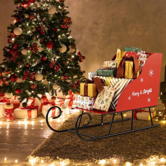 Costway Metal Christmas Santa Sleigh Basket Xmas Santa's Gift Storage Sleigh in Red - image 1