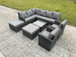 Fimous 10 Seater Outdoor Garden Furniture Set Wicker PE Rattan Corner Sofa Set with Square Coffee Table 2 Big Footstool in Dark Grey - thumbnail 1