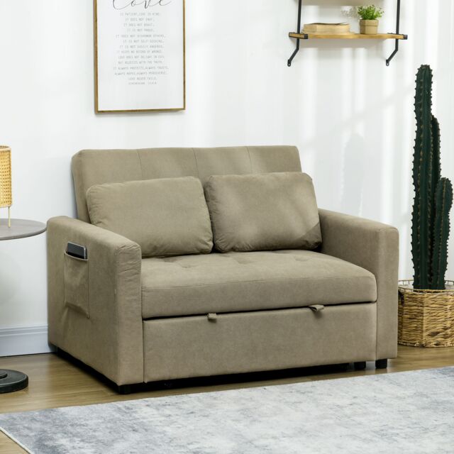 HOMCOM 2 Seater Sofa Bed Convertible Bed Settee with Cushions, Pockets in Brown - image 1