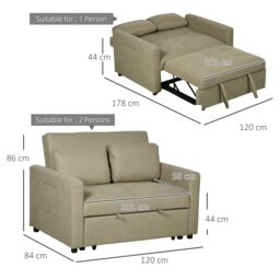 HOMCOM 2 Seater Sofa Bed Convertible Bed Settee with Cushions, Pockets in Brown - thumbnail 3