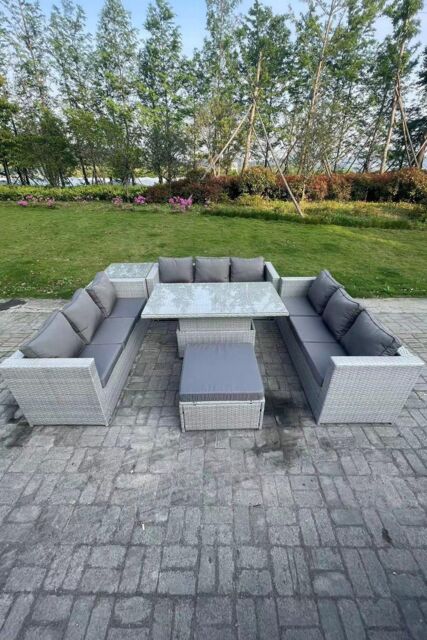 Fimous Lounge Rattan Garden Furniture Set Adjustable Rising Lifting Table Dining Set Side Coffee Tea Table in Light Grey - image 1