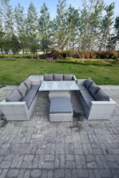 Fimous Lounge Rattan Garden Furniture Set Adjustable Rising Lifting Table Dining Set Side Coffee Tea Table in Light Grey - thumbnail 2