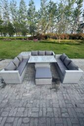 Fimous Lounge Rattan Garden Furniture Set Adjustable Rising Lifting Table Dining Set Side Coffee Tea Table in Light Grey - thumbnail 1