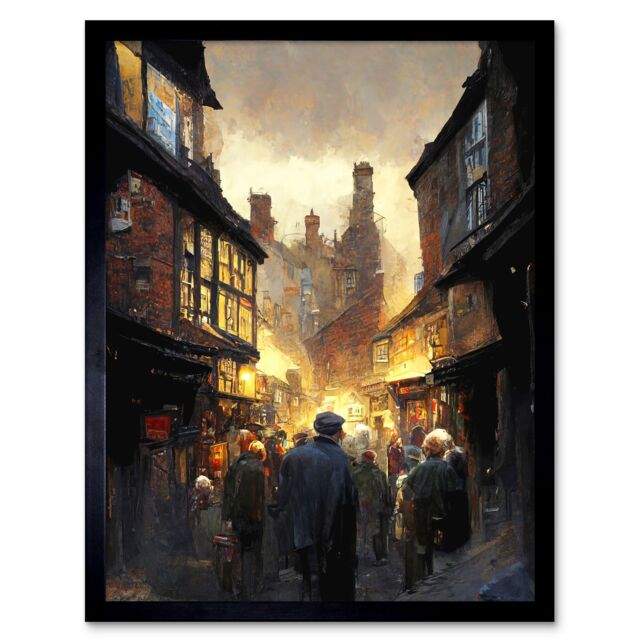 "Artery8 Wall Art Print The Shambles York Medieval City Street Oil Painting Art Framed in Black - Size: W12"" x H16""" - image 1