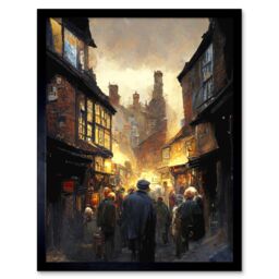 "Artery8 Wall Art Print The Shambles York Medieval City Street Oil Painting Art Framed in Black - Size: W12"" x H16""" - thumbnail 1