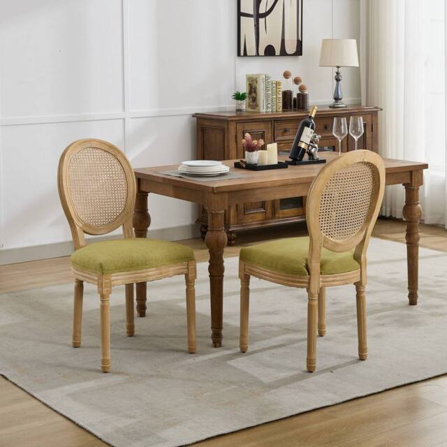 HomeTouch Set of 6 French Style Rattan Back Kitchen Dining Chairs with Linen Fabric Upholstered Seat in Light Green - Size: 6 Pack - image 1
