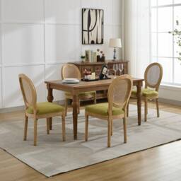HomeTouch Set of 6 French Style Rattan Back Kitchen Dining Chairs with Linen Fabric Upholstered Seat in Light Green - Size: 6 Pack - thumbnail 3