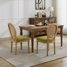 HomeTouch Set of 6 French Style Rattan Back Kitchen Dining Chairs with Linen Fabric Upholstered Seat in Light Green - Size: 6 Pack - thumbnail 6