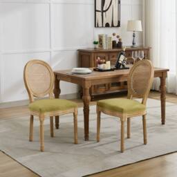 HomeTouch Set of 6 French Style Rattan Back Kitchen Dining Chairs with Linen Fabric Upholstered Seat in Light Green - Size: 6 Pack - thumbnail 5