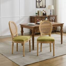 HomeTouch Set of 6 French Style Rattan Back Kitchen Dining Chairs with Linen Fabric Upholstered Seat in Light Green - Size: 6 Pack - thumbnail 7