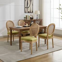 HomeTouch Set of 6 French Style Rattan Back Kitchen Dining Chairs with Linen Fabric Upholstered Seat in Light Green - Size: 6 Pack - thumbnail 2