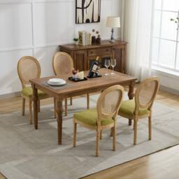 HomeTouch Set of 6 French Style Rattan Back Kitchen Dining Chairs with Linen Fabric Upholstered Seat in Light Green - Size: 6 Pack - thumbnail 4