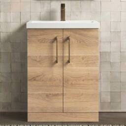 Balterley Contemporary Bathroom Floor 2-Door Vanity & Basin, Bleached Oak, 600mm in Brown - thumbnail 5