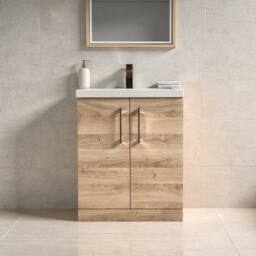 Balterley Contemporary Bathroom Floor 2-Door Vanity & Basin, Bleached Oak, 600mm in Brown - thumbnail 2