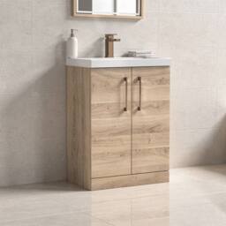 Balterley Contemporary Bathroom Floor 2-Door Vanity & Basin, Bleached Oak, 600mm in Brown - thumbnail 3