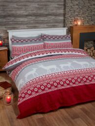 Rapport Home Fairisle Cotton Bed Cover Sheet Set with Pillowcase in Red - Size: Double