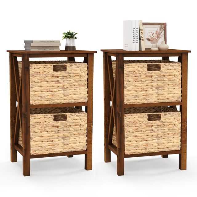 Costway Set of 2 Nightstand 2-Tier Sofa Side Table X-Shaped 2-Drawer End Table in Brown - image 1