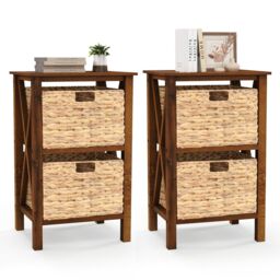 Costway Set of 2 Nightstand 2-Tier Sofa Side Table X-Shaped 2-Drawer End Table in Brown - thumbnail 1