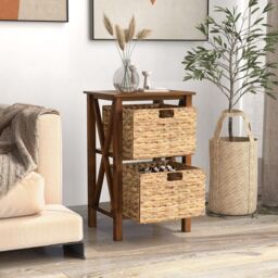 Costway Set of 2 Nightstand 2-Tier Sofa Side Table X-Shaped 2-Drawer End Table in Brown - thumbnail 4