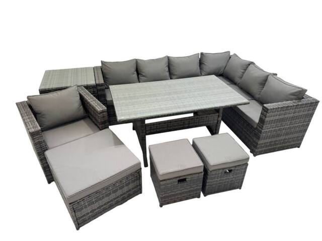 Fimous 10 Seater Patio Dining Corner Sofa Set with Chair Big Stool Side Table in Dark Grey - image 1
