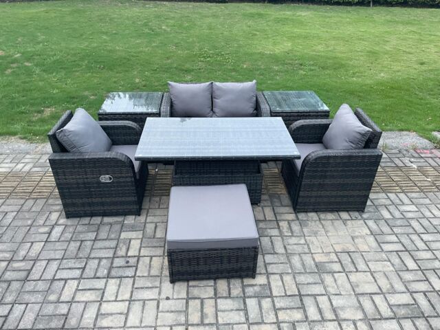 Fimous Outdoor Rattan Furniture Garden Dining Set Height Adjustable Rising lifting Table Love Sofa With 2 Side Tables in Dark Grey - image 1