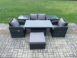 Fimous Outdoor Rattan Furniture Garden Dining Set Height Adjustable Rising lifting Table Love Sofa With 2 Side Tables in Dark Grey - thumbnail 2