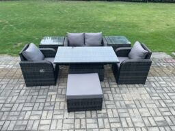 Fimous Outdoor Rattan Furniture Garden Dining Set Height Adjustable Rising lifting Table Love Sofa With 2 Side Tables in Dark Grey - thumbnail 1