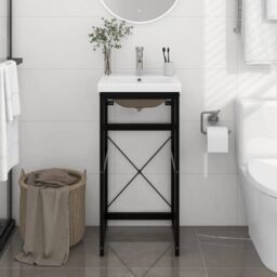 Berkfield Home Bathroom Washbasin Frame with Built-in Basin Black Iron - thumbnail 1