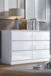 FWStyle Stora Gloss 6 Drawer Chest (H) 77 (W) 110 (D) 40cm Extra Deep Drawers in White - thumbnail 1
