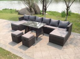 Fimous Lounge Rattan Garden Furniture Sets Dining Table Big Footstools & Small Stools in Dark Grey - thumbnail 2