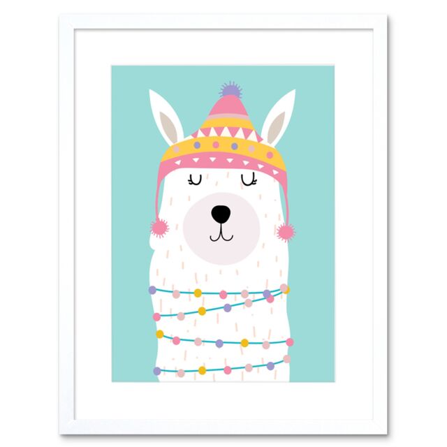 "Artery8 Wall Art Print Llama Cute Christmas Art Framed 9x7 inch in White - Size: W7"" x H9""" - image 1