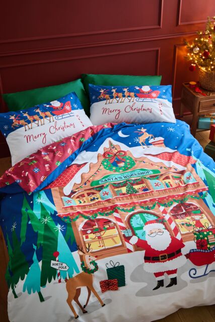 Catherine Lansfield 'Christmas Santa's Workshop' Reversible Duvet Cover Set in Navy - Size: Single - image 1
