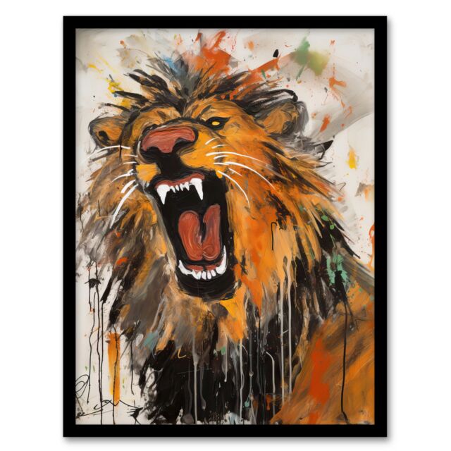 "Artery8 Wall Art Print The Circus Lion Roars Painting By Tom Jones Art Framed in Orange - Size: W12"" x H16""" - image 1