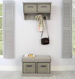 Statement Furniture Tetbury Coat Rack Hanging Shelf with 2 Grey Storage Baskets in Light Grey - thumbnail 4