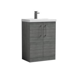 Balterley Bathroom Floor 2-Door Vanity Unit Basin, Anthracite Woodgrain, 600mm in Grey