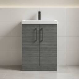 Balterley Bathroom Floor 2-Door Vanity Unit Basin, Anthracite Woodgrain, 600mm in Grey - thumbnail 4