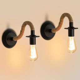 COMELY 2 Packs Wall Lamp, Industrial Wall Light, E27 Hemp Rope Retro Wall Lamp in Black - thumbnail 1