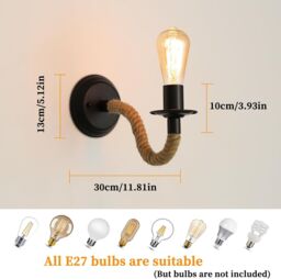 COMELY 2 Packs Wall Lamp, Industrial Wall Light, E27 Hemp Rope Retro Wall Lamp in Black - thumbnail 8