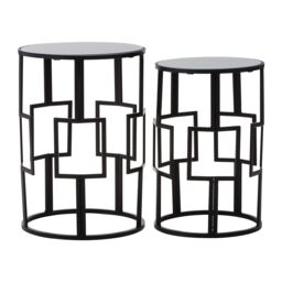 Orsina Set of 2 Symmetrical Black Square Tables With Mirrored Tops, Square Accent Tables, Iron Framed End Tables - thumbnail 1